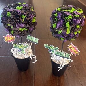 Hulk inspired Superhero Themed kids Party Centerpiece Purple and Green Accents